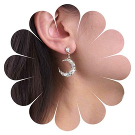 Yheakne Vintage Crystal Moon Star Earrings Rhinestone Moon Dangle Earrings Gold CZ Crescent Moon Earrings Celestial Moon Star Drop Earrings Jewellery For Women, Zinc