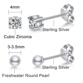 LUCKMORA Small Pearl Earrings for Women 925 Sterling Silver Genuine 3mm Tiny Pearl Studs Earrings Mini Freshwater Cultured White Real Round Pearls (3mm pearls & CZ)