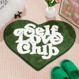 ELDONE Self Love Club Rug Heart Shaped - 37"x29" Cute Bath Mat Non Slip, Funky Aesthetic Groovy Small Accent Rugs for Bedroom Bathroom,Green Room Decor, Green Heart Rug