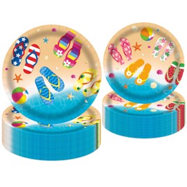 C L cooper life 48Pcs Beach Flip-Flop Paper Plates Summer Beach Birthday Party Tableware Decorations Flip-flop Theme Dinnerware Plates for Hello Summer Hawaii Party Supplies