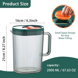 2 Liter (68 oz) Plastic Pitcher with Lid and Spout - Water Pitcher for Fridge, Carafe for Hot/Cold Water, Large Iced Tea Pitcher for Coffee, Juice, and Homemade Beverages (Green & Orange)
