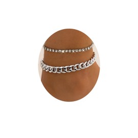 Tennis Cuban Rhinestone Anklets for Women Girl 18k Gold Silver Indian Link Plus Size Womens Ankle Bracelets Beach Chunky Cute Large Beachy Charm Boho Wide Waterproof Dainty Summer Thick Jewelry Gift (2PCS Silver)