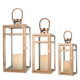 Set of 3 Rose Gold Metal Iron Glass Candle Holders Metal Wind Proof Candle Lanterns for Wedding Decorcolor: Rose gold, size: 21*21*48 16*16*38 12*12*30cm