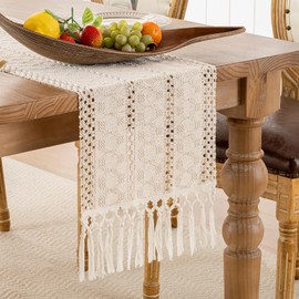 Serento Beige Macrame Table Runner Boho Vintage Farmhouse Country House Style Table Runner Rectangular Crochet Lace Mesh Tassels Kitchen Tablecloth 30 x 180 cm for Holiday Party Wedding Decor