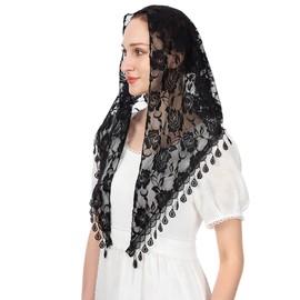 Wgior Triangle Veils for Church Lace Chapel Veils Catholic Mass Head Covering Scarf Mantilla Veils for Women (Black)