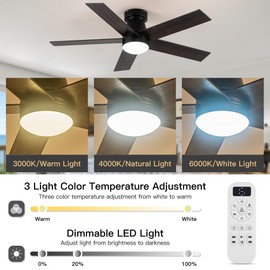 Ceiling Fans with Lights and Remote Control, Bedroom Ceiling Fan with Light 3-Color LED Dimmable and Replaceable, Memory for Lighting and Fan Reversible, 6-Speed, Timer, Indoor/Outdoor Use, 47 Inch