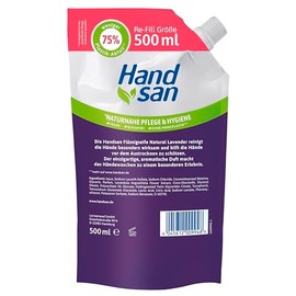 Hand san Flüssigseife Natural Lavender im Nachfüllbeutel 500 ml, mit natürlichem Lavendelöl, Händewaschen & Gesichtsreinigung, Rezeptur ohne Mikroplastik, pH-hautneutral, vegan (Packung mit 5)