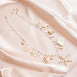 Boho Starfish Necklace for Women,Shell Pearl Necklaces Statement Irregular Adjustable Conch Necklace Summer Fashion Classic Jewelry (Gold1)