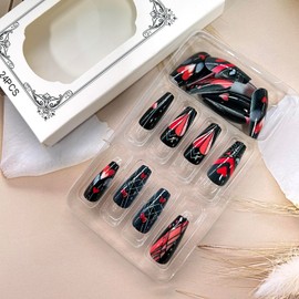 Valentine's Black Press on Nails Medium False Nails Red Love Heart Lines Design Coffin Nails Medium Valentine's Stick on Nails Full Cover Acrylic Nails Glossy Glue on Nails for Women 24Pcs