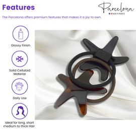 Parcelona French Sleek Star Brown Shell N Black Set of 2 Cellulose Hair Bands Non Slip Ponytail Holder Hair Ties Girls and Women Hair Accessories