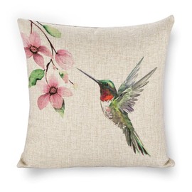 Icotoibabie Pink Peach Blossoms and Green-Headed Hummingbird Pillow Cases 18x18 Linen Pillow Covers Farmhouse Cushion for Sofa Car Chair Room Decor