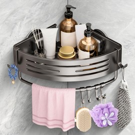 OKEJUNYE Corner Shower Caddy Suction Cup, Shower Shelves Organizer for Bathroom Storage, Aluminum No-Drilling Removable Rustproof Shower Shelf Rack with Towel Bar & Hooks (Gray)