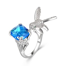 EVER FAITH Hummingbird Open Rings Cushion Cut Blue Cubic Zirconia Cute Bird Spiritual Animal Adjustable Statement Ring Dainty Stacking Jewelry Gifts for Birthday Mother's Day