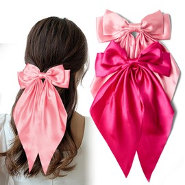 Hair Bows 2 PCS Large Long Tail Bow Hair Clips Satin Silky Ribbon Bow for Hair Ponytail Holder French Coquette Hair Barrettes Valentine's Day Accessories Gifts for Women Girls (Korean Pink,Red Purple)