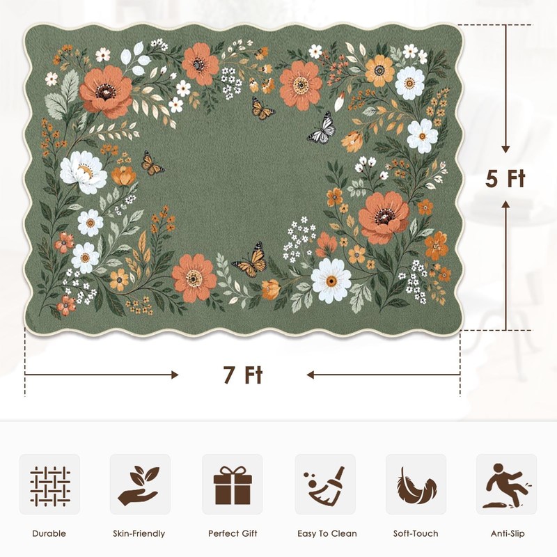 Washable Scalloped Area Rug, Green Floral, 5'x7'
