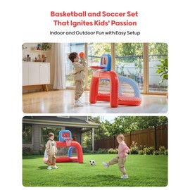QPAU 2-in-1 Inflatable Toddler Basketball Hoop & Soccer Goal Set, Indoor Outdoor Sports Center Toys for Kids, Baby Toddlers Birthday Gift for 1 2 3 4 5 Year Old Boys Girls