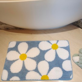 Cute Flower Bath Mat Bathroom Rugs Bathroom Accessories, Funny Non Slip Floor Bath Rug Machine Washable Bathmat Ultra Soft Microfiber Carpet for Bathtub & Shower (Light Blue, 30x19 Inch)