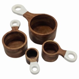Jeanne Fitz 2 Cup Measuring Cup, 4pcs - Wooden Measuring Cups and Spoons Set, Acacia Wood, White Handles, For Wet and Dry Ingredients, Portion Control, Home and Kitchen Tools, Baking Essentials