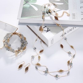 Coiris Earring and Necklace Set for Women 2 Layer Beaded Long Collar Statement Strand Necklace Fashion Trendy Dangle Earrings Boho Jewelry Sets for Women (ST0011-AB Green)