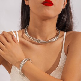 ALRNBY Gold Jewelry Set for Women Chunky Statement Choker Necklace and Bracelet Trendy Arm Cuff Band Silver Party Gift (Silver)