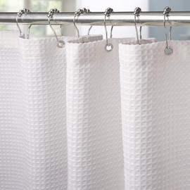 Waffle Shower Curtain with Metal Shower Curtain Rings Fabric Textile Bath Curtain Anti Mould Bathroom Curtain Set Waterproof Bath Curtain Heavy Shower Curtain Bathroom - 122 x 182 cm (White)