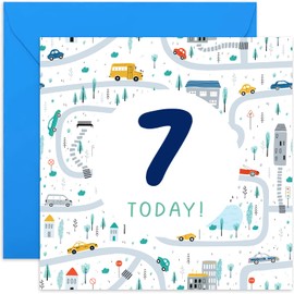 Old English Co. 7th Birthday Card for Boy or Girl - Fun Cars Vehicle Road Birthday Card for Child - Seventh Birthday Card for Him or Her - Age Seven Colourful Vehicle Birthday Card | Blank Inside
