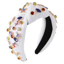 Gmmidea 4th of July American Flag Headband for Women Red White Blue Jeweled Knotted Headband Wide Twisted Star USA Flag Patriotic Headband Fourth of July Hair Accessories Gift(White-B)