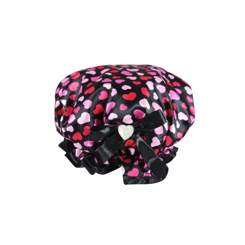 Kella Milla Stylish Satin Shower Cap - Hearts & Black