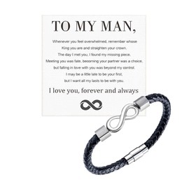 To My Man, Infinity Leather Bracelet, Stainless steel Braided Bracelet Husband Gifts from Wife I Love You Forever and Always Bracelets for Boyfriend Xmas, Birthday, Anniversary Fathers Gifts for Men,