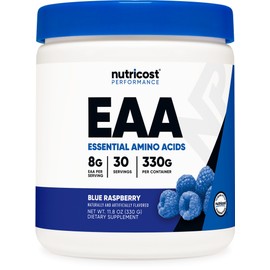 Nutricost EAA Aminoácidos esenciales - 8 gr de EAAs por Porcion - 30 porciones - 330 gr - Sabor Frambuesa Azul - Sin OGM - Sin Gluten - Apto para