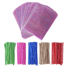 YOZOTI 100 Pack Iridescent Holographic Cellophane Party Favor Treat Bags with 5 Colors Twist Ties Good for Themed Celebrations Baby Showers Weddings Girls Birthday Party Supplies