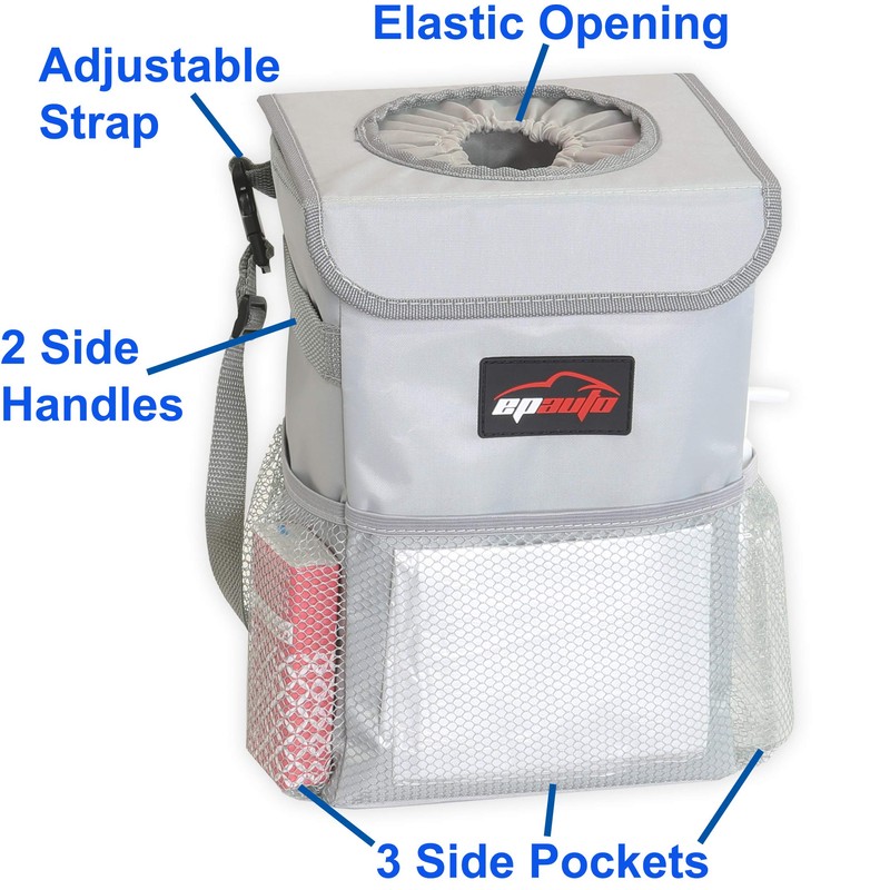EPAuto Waterproof Car Trash Can with Lid and Storage Pockets,