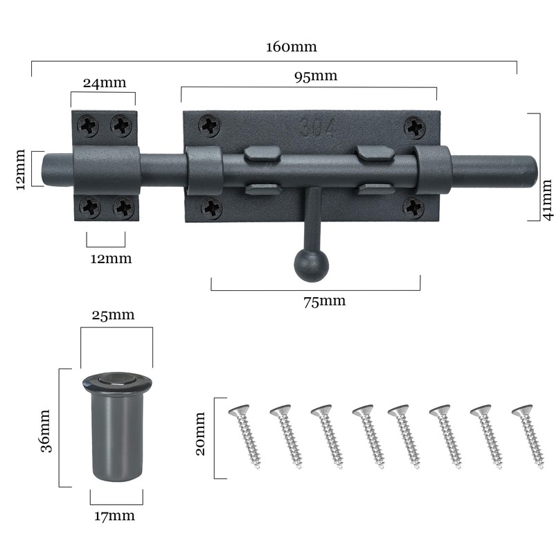 Barrel Bolt Latch, Slide Bolt Gate Latch, 6.3 Inch Gray