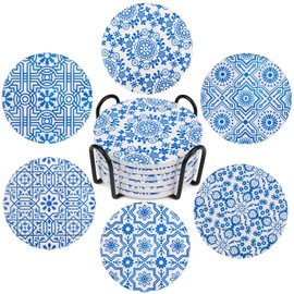 Coasters with Holder,Blue and White Style Ceramic Drink Coaster, Absorbent Coaster Sets of 6 for Tabletop Protection,Suitable for Kinds of Cups,Cool Home Decor, Wooden Table, 4.1 Inches