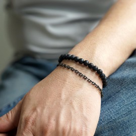 Mezcla Vida Natural Lava Stone Bead Bracelet and Distressed Stainless Steel Bracelet Set, Vintage Style Men's Accessories, 2-Piece (Lava Rock, Regular)