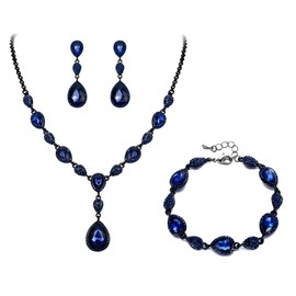 EleQueen Women's Wedding Bridal Jewelry Sets for Brides Bridesmaids, Cubic Zirconia Teardrop Necklace Tennis Bracelet Dangle Earrings Jewellery Set Sapphire Black-Tone