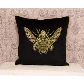 Riva Paoletti Cerana Cushion Cover - Super Soft Velvet Fabric - Embroidered Gold Bee Design - Gold Piped Edges - 100% Polyester - Black - 50 X 50cm (20" X 20" Inches)