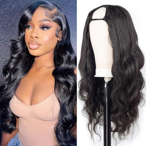 DaiMer U Part Wig, Brazilian Body Wave Wigs, No Leave Out Lace Front Wigs, None Lace Front Wigs, Machine Made, 100% Virgin Hair, Natural and Soft for Black Women, 12 Inches, Natural Colour