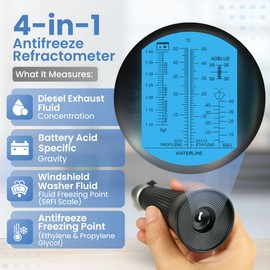 4-in-1 Refractometer for Ethylene & Propylene Glycol Antifreeze, DEF, Battery Acid & Windshield Fluid – Accurate ATC Tester with °C Scale for Coolant Freezing Point & SRFI, Automotive & Industrial Use