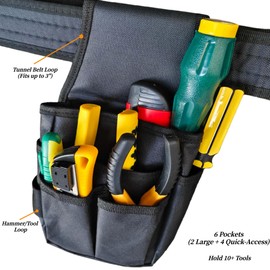 Small Tool Pouches for Belt, 6-Pocket Electrician Tool Holster with Belt Loop, Heavy Duty Compact Organizer Bag for HVAC, Carpenter & Handyman, Fits Phones, Pliers & Screwdrivers, Black