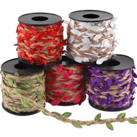 Glarks 5 Rolls 33 Feet Leaf Ribbon Set, 5 Colors Natural Jute Twine with Artificial Vine Leaves Strings, Braided Burlap Vine Rope Decorative Vine Ribbon for DIY Jungle Decor Wedding Home Garden
