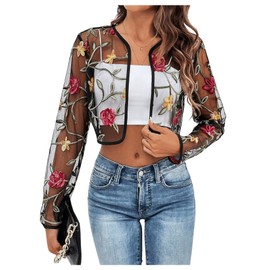 OYOANGLE Women's Floral Embroidered Open Front Crop Jackets Long Sleeve Mesh Summer Cardigan Tops Black Large