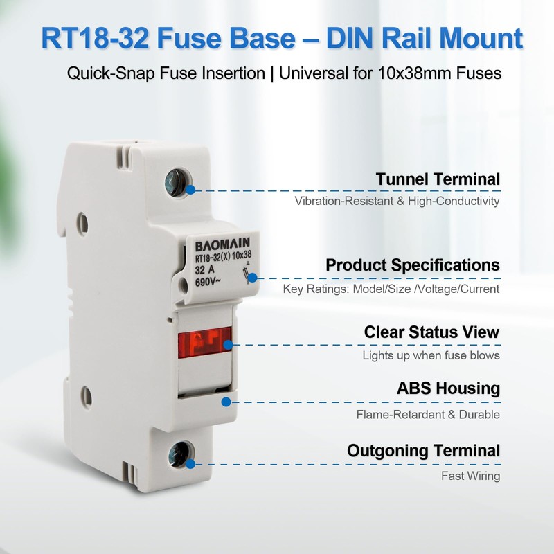Baomain RT18-32 Fuse Holder Base with 10x1A Ceramic Fuses (10x38mm)