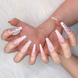Artquee 24pcs French Nude White Ballerina Flash Diamond Crystal Long Glossy Coffin Flash Fake Nails Press on Nail False Tips Manicure for Women and Gi