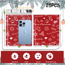 JinRuiKJ Christmas Bubble Mailers 8.5x12" 25 Pcs, Waterproof Cushioning Padded Envelopes, Self Sealing Padded Mailing Envelopes, Strong Adhesion Shipping Envelopes, Merry Christmas