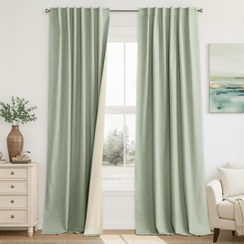 RYB HOME 100% Blackout Sage Green Linen Curtains, Light & Heat Blocking Thermal Privacy Protection Neutral Window Drapes for Living Room Bedroom, 52" W x 84" L, 2 Panels Set