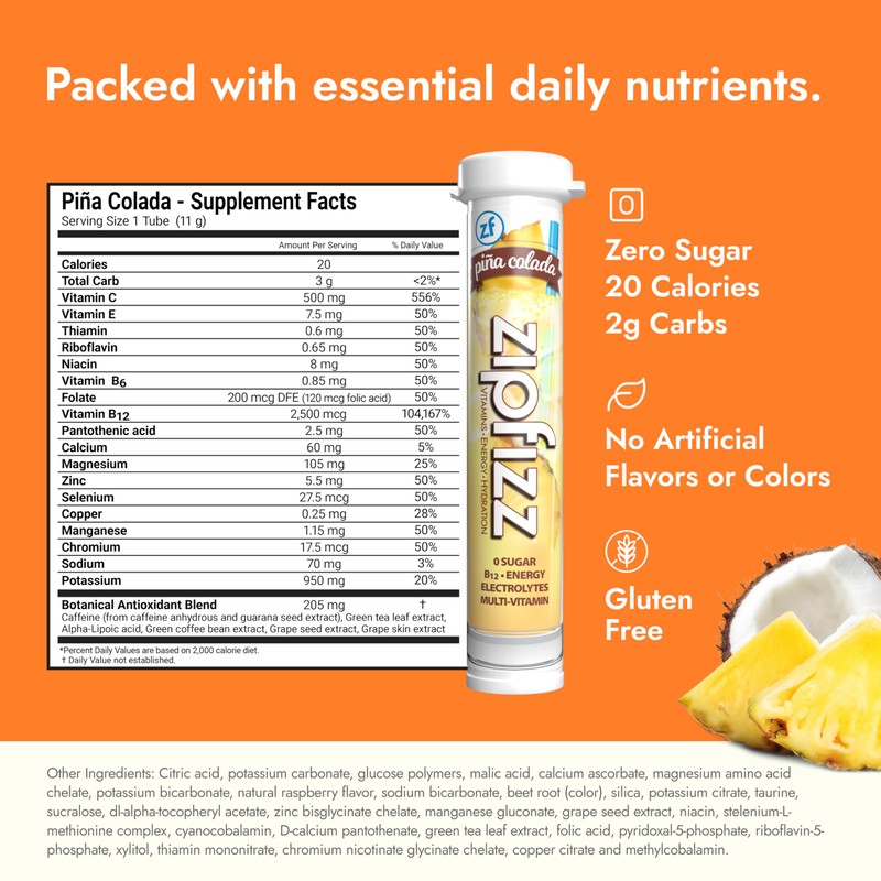 Zipfizz Daily Energy Drink Powder, Pina Colada, 20 Pack |