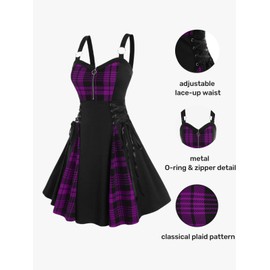 Rosegal Gothic Lace Up Plaid Half Zipper Fit and Flare Gothic Dress(Purple_1/2X)