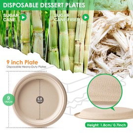 Shimond 100% Compostable Plates 9 Inch 125 Pack, Heavy Duty Disposable Paper Plates Eco-Friendly Unbleached Biodegradable Sugarcane Bagasse Natural Dinner Plate