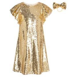 GRACE KARIN Girl Cute Sequin Holiday Dress Flutter Sleeve Sparkle Formal Party Midi Flare Dress(Rose Gold,7-8 Years)